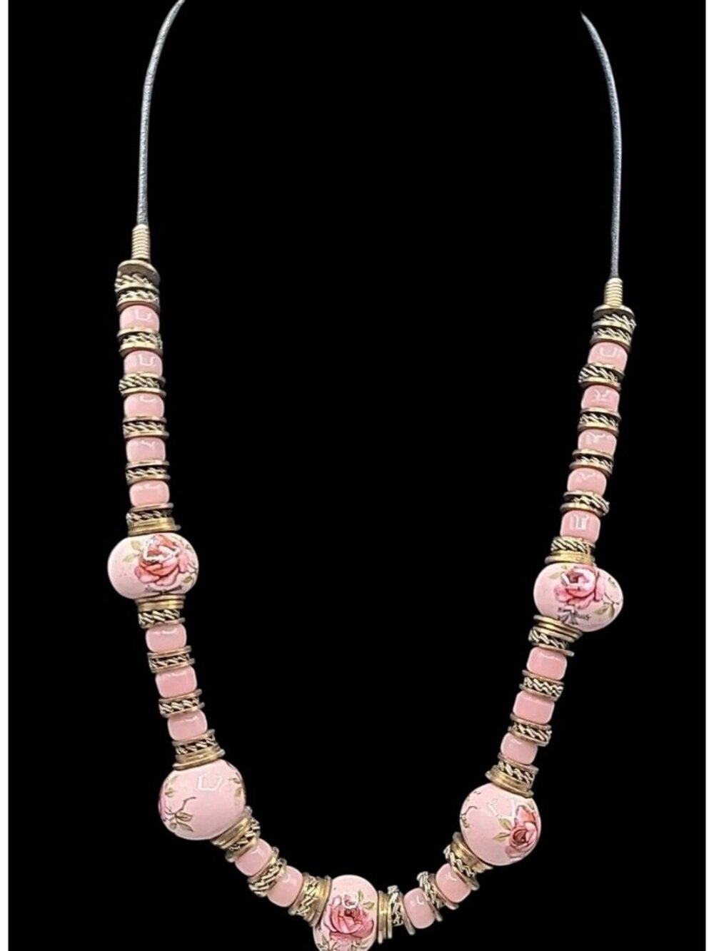Glass Handpainted Floral Beaded Necklace Gold & Silver Tone Spacers 25" Leather